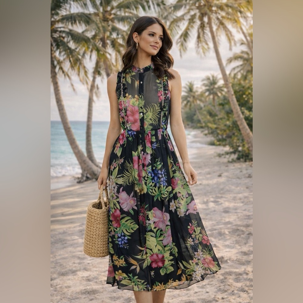 Dodo Bar Or Maxi Dress,Floral Tropical, Sheer Ruffle Top Rhinestones size:42(6)
